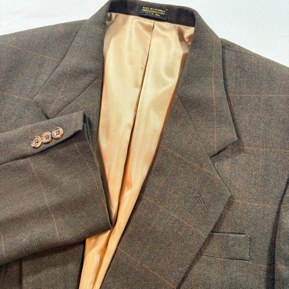 Oscar de la Renta Blazer Mens 40R Brown Herringbone Windowpane Wool Sport Coat